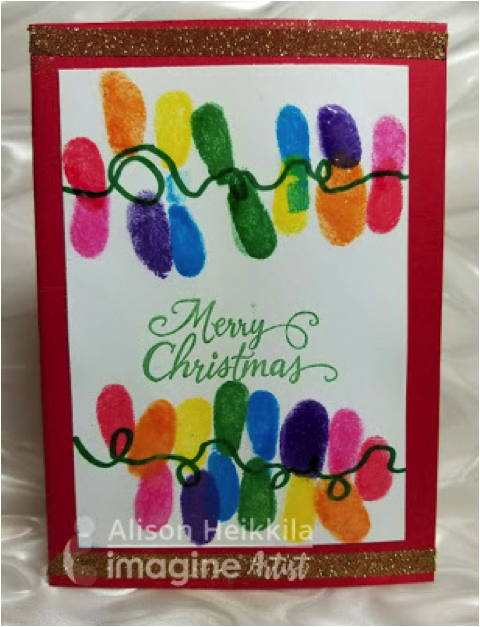 A cute and fun handmade christmad card featuring strings of Christmas lights created by inked fingerprints.